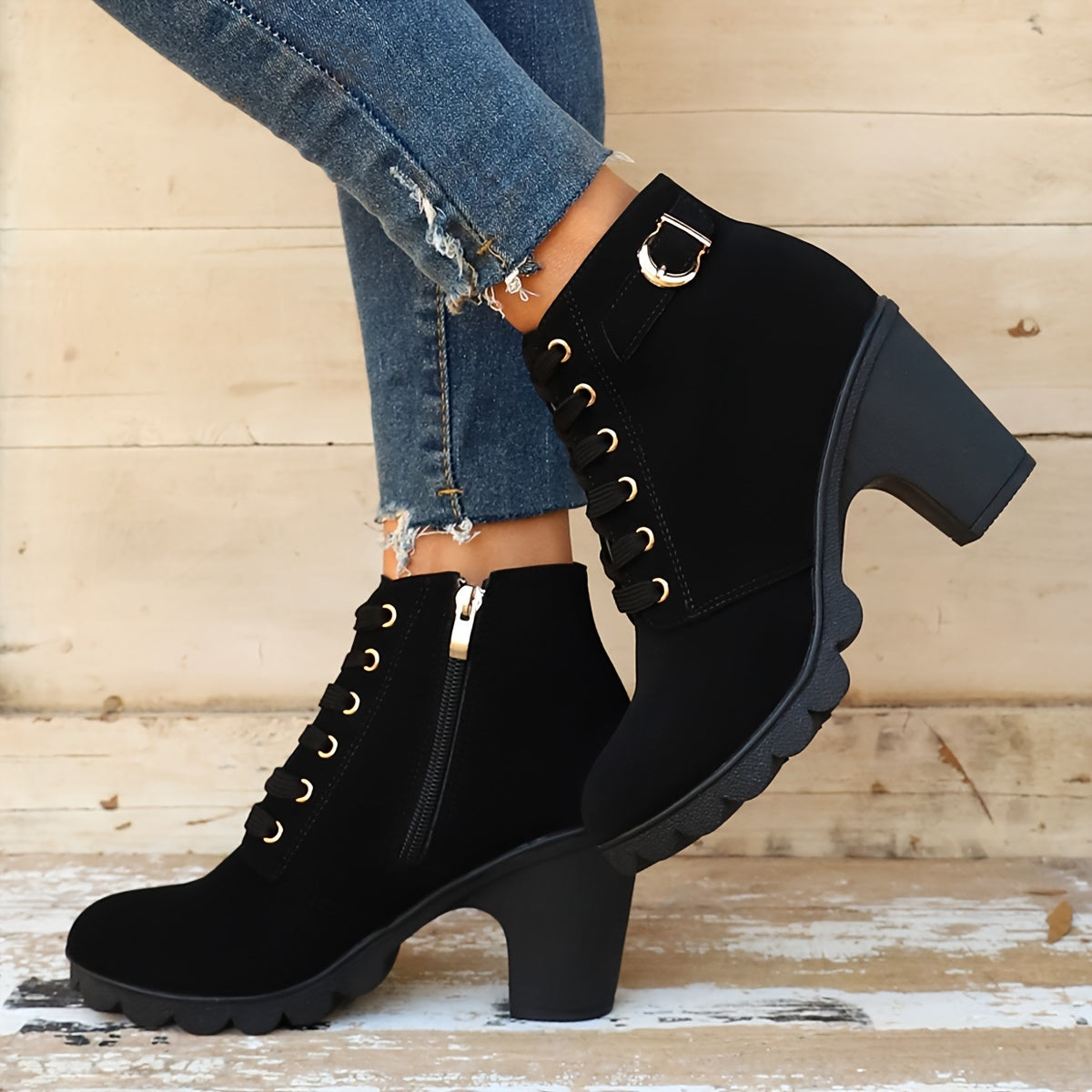 Monique | Bottines Élégantes Talon Épais à Lacets
