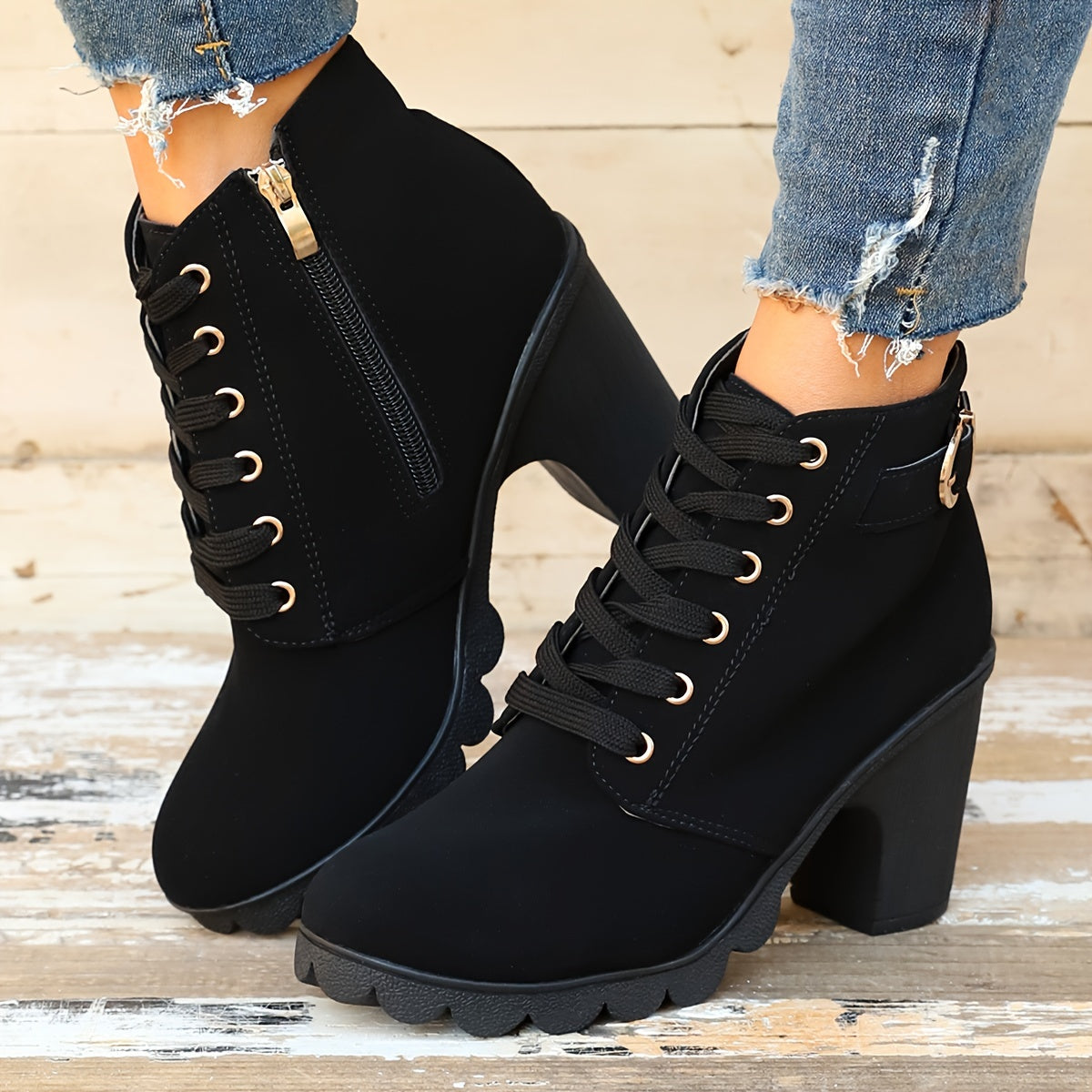 Monique | Bottines Élégantes Talon Épais à Lacets