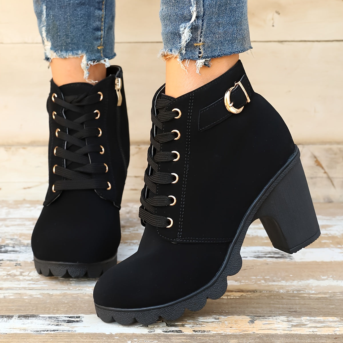 Monique | Bottines Élégantes Talon Épais à Lacets