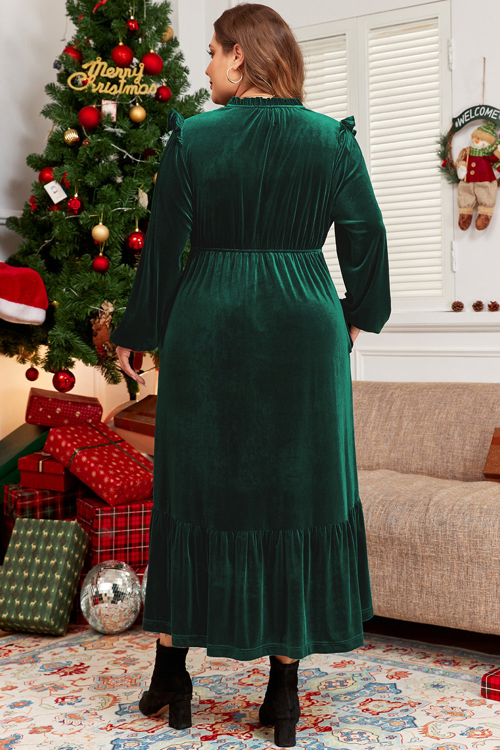Marguerite - Robe midi grande taille - Encolure froncée, Velours, Femme