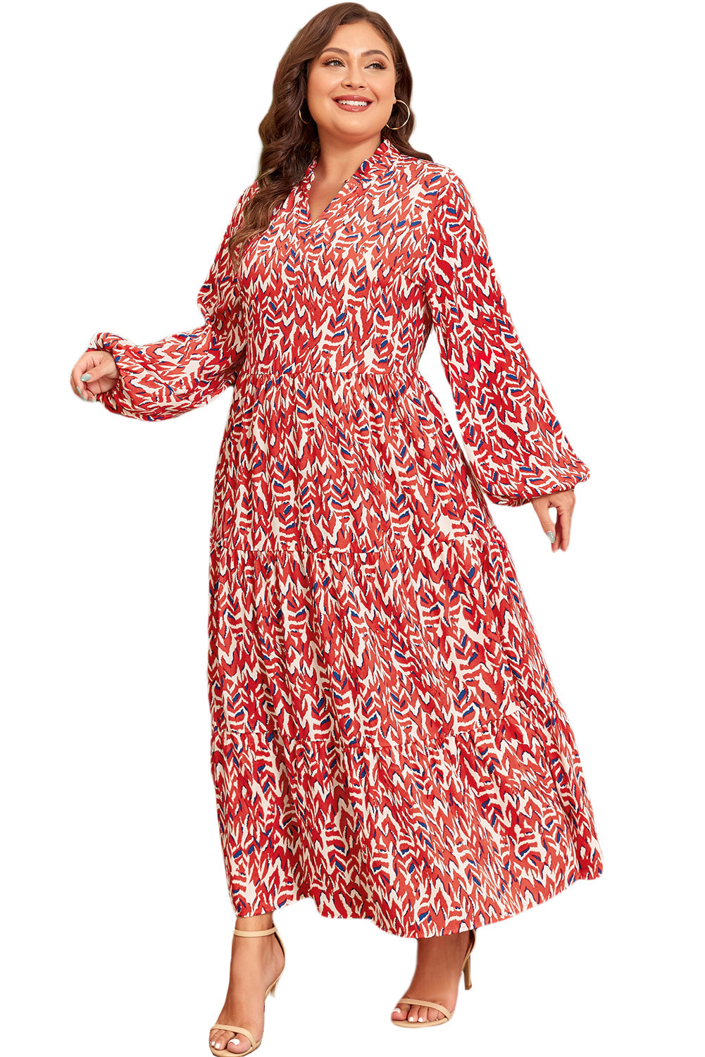 Jacqueline - Robe maxi grande taille - Motif abstrait, Col V, Taille haute, Femme