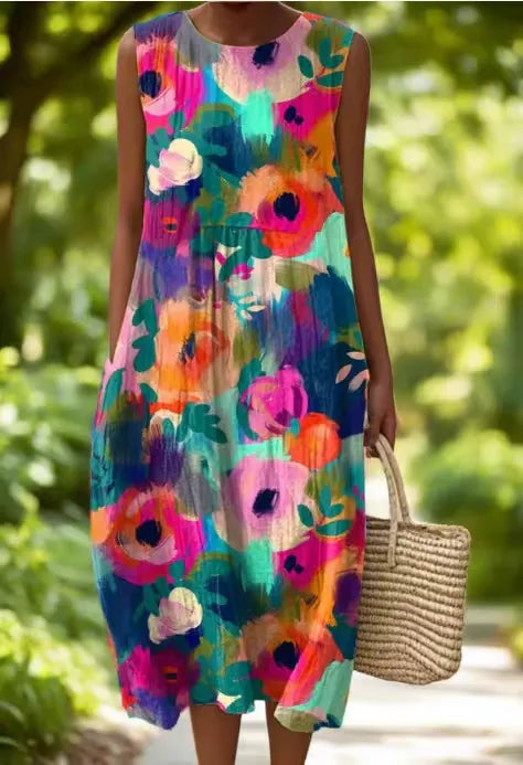 Laetitia - Belle Robe en Lin Fleurie Sans Manches Femme