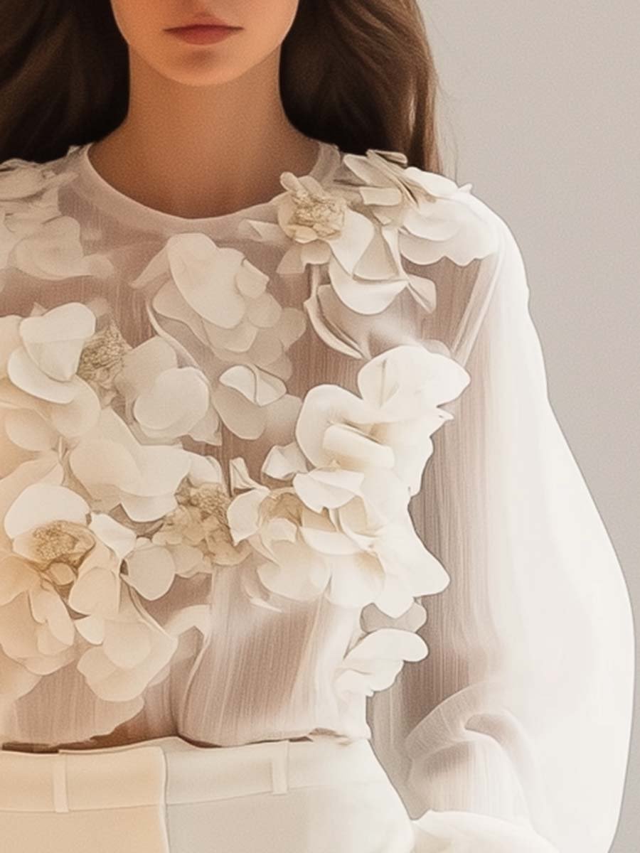 Monique - Chemise Chiffon Élégante Fleurs 3D Femme