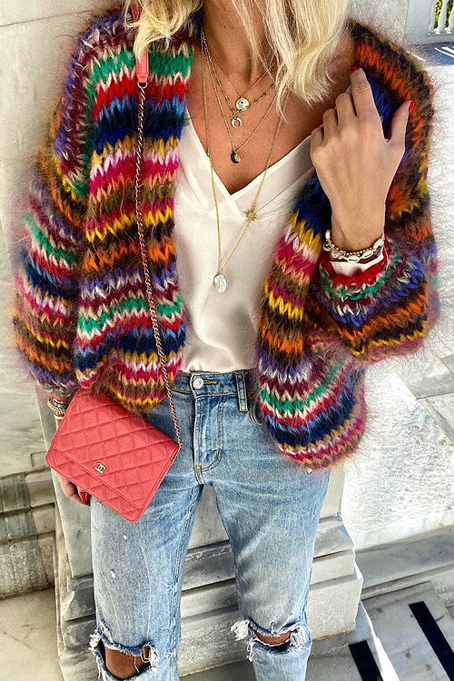 Karine - Gilet Élégant Grosse Maille Multicolore
