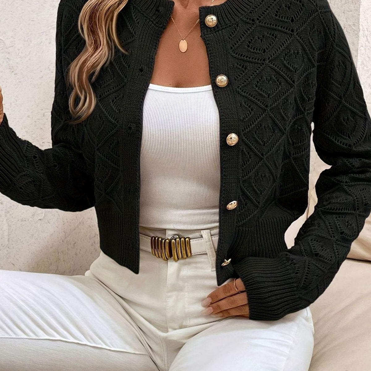 Charlotte - Cardigan Élégant Ajouré Boutonné