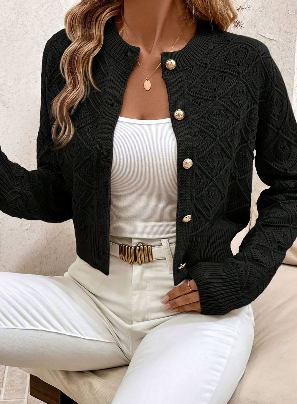 Charlotte - Cardigan Élégant Ajouré Boutonné