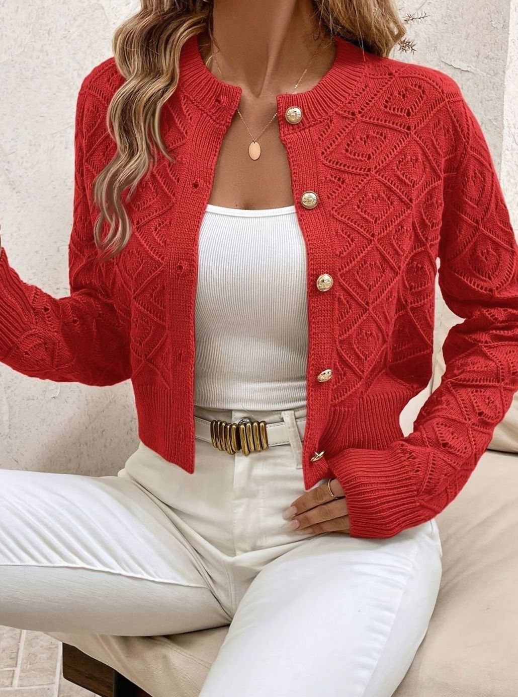 Charlotte - Cardigan Élégant Ajouré Boutonné